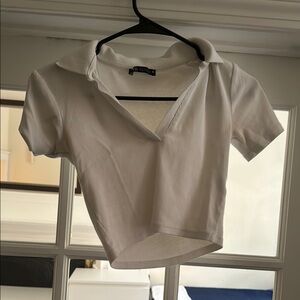 Zara Gray Cream Crop Polo Top